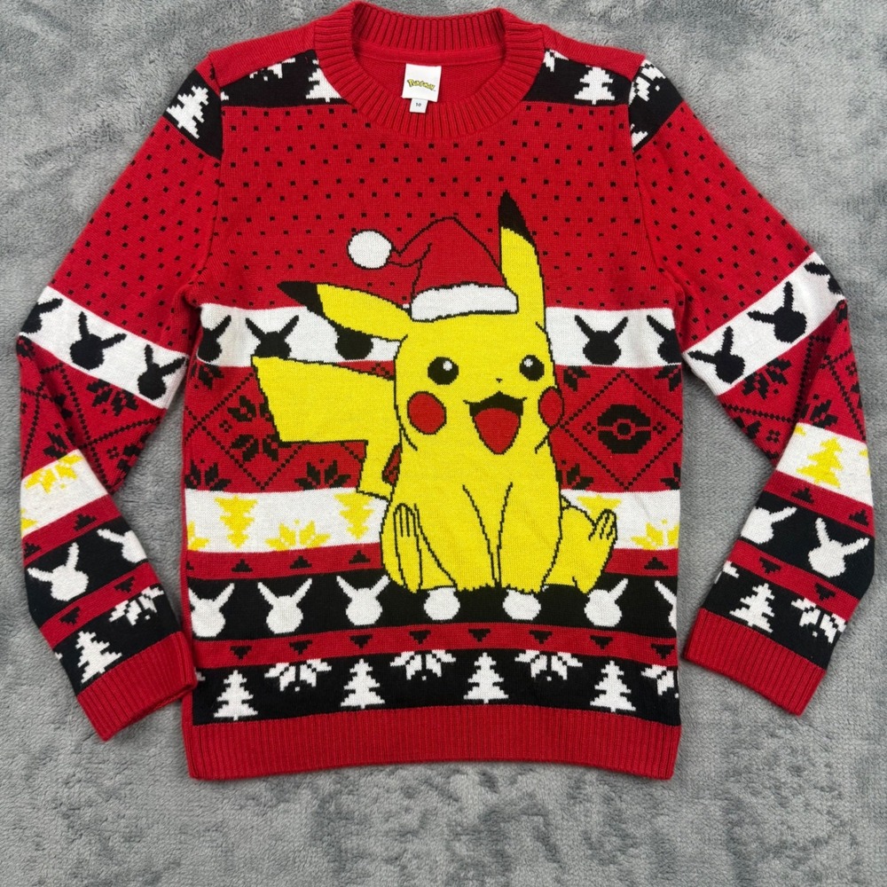 Pokemon Youth Santa Pikachu Knit Ugly Christmas Sweater Red Fair Isle - Youth 10